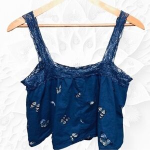 BLUE Butterfly 100% Cotton Camisole Crop Top Size Med